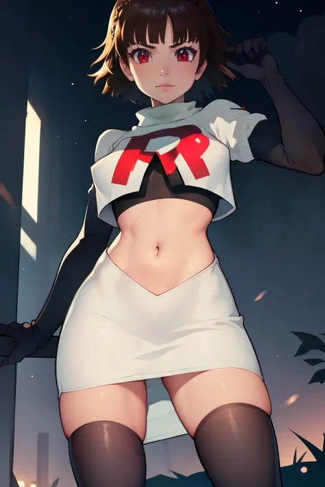 makoto nijima, blunt bangs, braid, brown hair, crown braid, (red eyes:1.3), short hair, team rocket uniform, red letter R, white skirt,white crop top,black thigh-high boots, black elbow gloves, looking at viewer, cowboy shot, sexy pose, night sky backgroun...