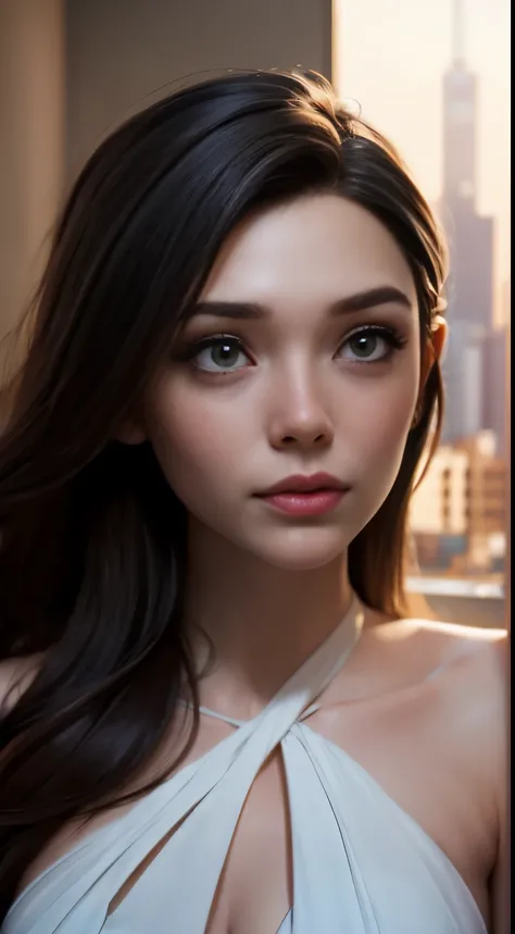 photo of Elizabeth Olsen, RAW, beautiful woman, ((portrait)), ((detailed face:1.2)), ((detailed facial feature, detailed skin, clear skin), (perfect proportioned body), (wearing a halter dress) (high detailed city environment, apartment balcony), (realisti...