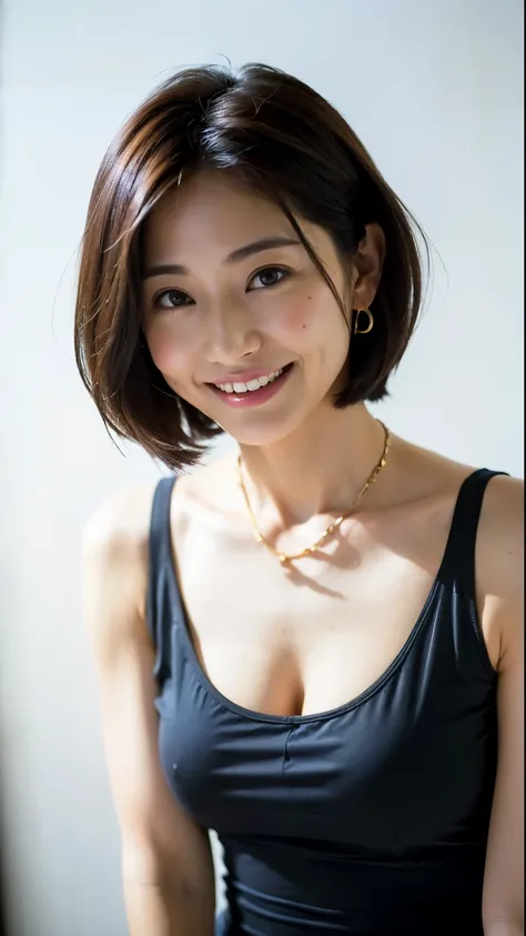 (Best Quality, 8K, 32K, masutepiece, nffsw:1.cute Japanese woman hotou, Large breasts, Very short bob hair,Upper body,(Tank top, Short pants:1.1) ,Necklace, Healthy skin,  Background, (Looking down:1.2),Smile, Touching, Cleavage view, Middle angle