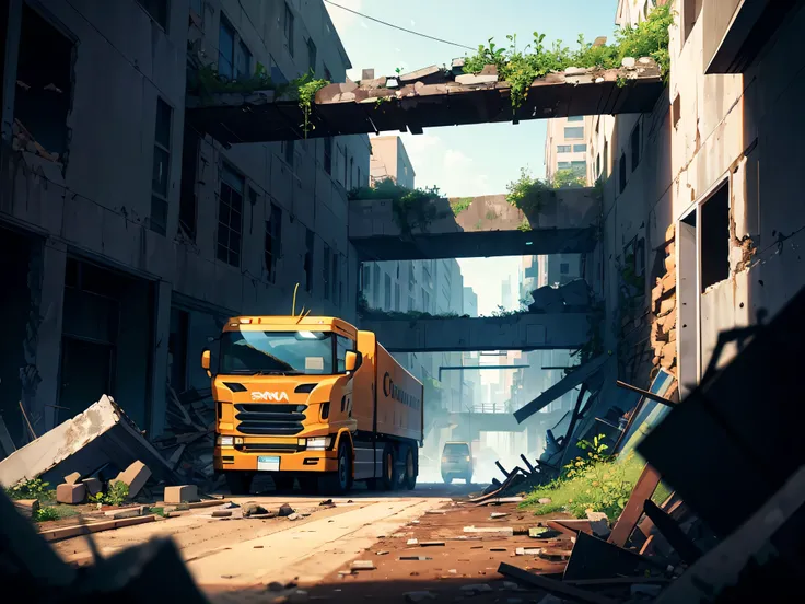 Ultra-clear，Optimal image，Fine illustration，Giant heavy trucks，Scania r730 walks through the ruins of a dilapidated city/389