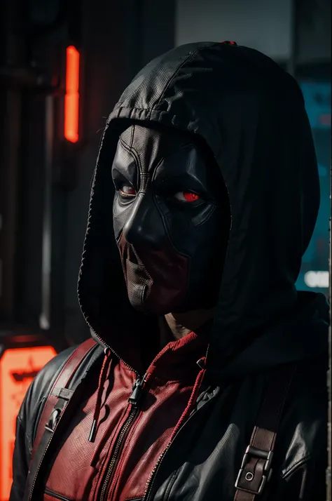 male character, hooded, deadpool, cyberpunk, neon red, mask, neon red eyes, 4k