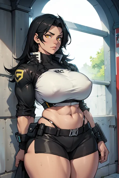 muscular thick thighs massive breasts black hair yellow eyes