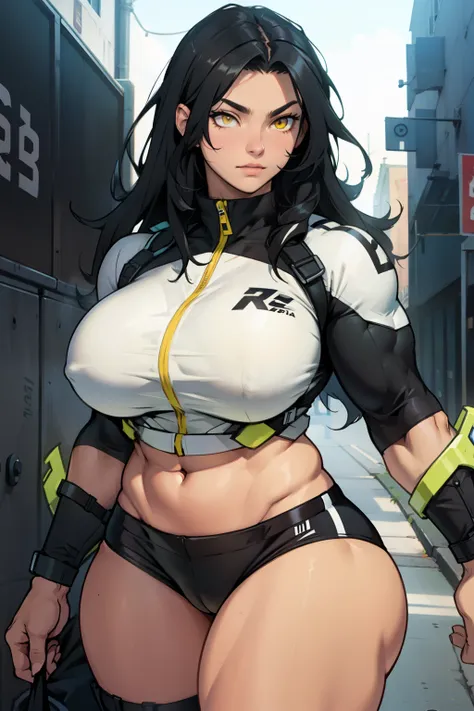 muscular thick thighs huge breasts black hair yellow eyes