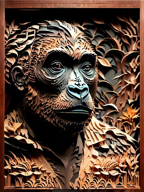 masterpiece, best quality,
RAW photo, gorilla, (high detailed skin:1.2), 8k uhd, dslr, soft lighting, high quality, film grain, Fujifilm XT3,
regal, fractal, 3d depth, intricate designs, delicate patterns, shadowbox frame, silhouette, kirigami, scherenschn...