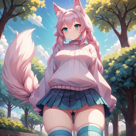 (Masterpiece) (High Detail) (High Res) A close up of a short petite humanoid girl with pale human skin and bright turquoise-coloured eyes and long pink hair in a braid and large fluffy pink dog ears and a big fluffy pink dog tail and small average breasts....