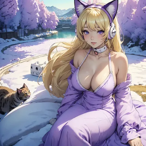 (((cat girl))), (((White Headphone))), (((Blonde))), (((Korean))), (((purple dress))), cleavage, (((Beautiful face))), winter, (((panoramic view))), (((anime))), (((pastel))), (((medium boobs))), (((hide hands)))