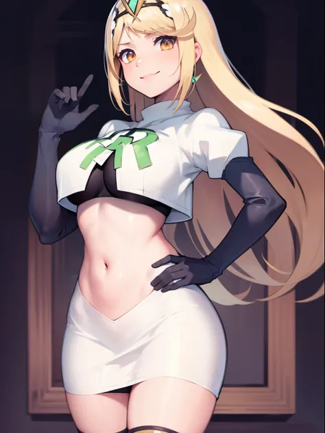 mythra (xenoblade), blond hair, yellow eyes, team rocket uniform, red letter R, white skirt,white crop top,black thigh-high boots, black elbow gloves, looking at viewer, cowboy shot, sexy pose, smile