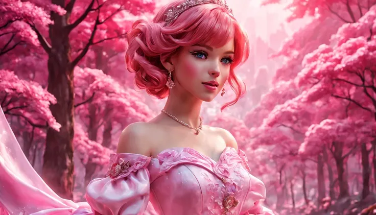 There is a beautiful girl "Molly Ringwald", em um vestido de baile, anime barbie em branco, pink space, Princesa Anime, paisagem da princesa, princesa de cabelos loiros, sorriso gentil, Kushatt Krenz Key Art Mulheres, 3d stylized rendering, 3D rendering of...