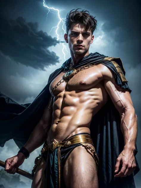 ((masterpiece)),((best quality)),8k, high detailed, ultra-detailed, Stylish Pose, real skin texture, dark cinematic lighting, 24 year-old Italian male model, barechested, shirtless, handsome italian, cute looking, divine look, powerful light blue eyes, Zeu...