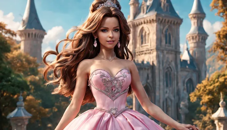 There is a beautiful girl "Kate Beckinsale", em um vestido de baile, anime barbie em branco, pink space, Princesa Anime, paisagem da princesa, princesa de cabelos loiros, sorriso gentil, Kushatt Krenz Key Art Mulheres, 3d stylized rendering, 3D rendering o...