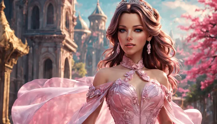 There is a beautiful girl "Kate Beckinsale", em um vestido de baile, anime barbie em branco, pink space, Princesa Anime, paisagem da princesa, princesa de cabelos loiros, sorriso gentil, Kushatt Krenz Key Art Mulheres, 3d stylized rendering, 3D rendering o...