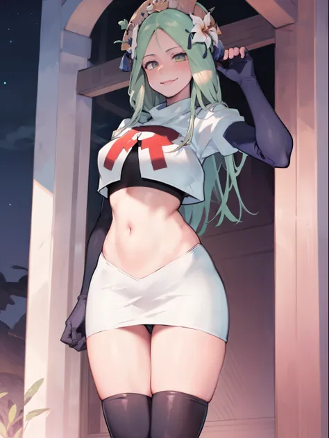 defRhea, headdress, hair flower, team rocket uniform, red letter R, white skirt,white crop top,black thigh-high boots, black elbow gloves, evil smile, looking at viewer, cowboy shot, sexy pose, night sky background