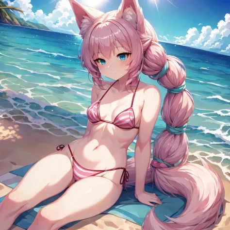 (Masterpiece) (High Detail) (High Res) A short petite humanoid girl with pale human skin and bright turquoise-coloured eyes and long pink hair in a braid and large fluffy pink dog ears and a big fluffy pink dog tail and small average breasts. She is relaxi...