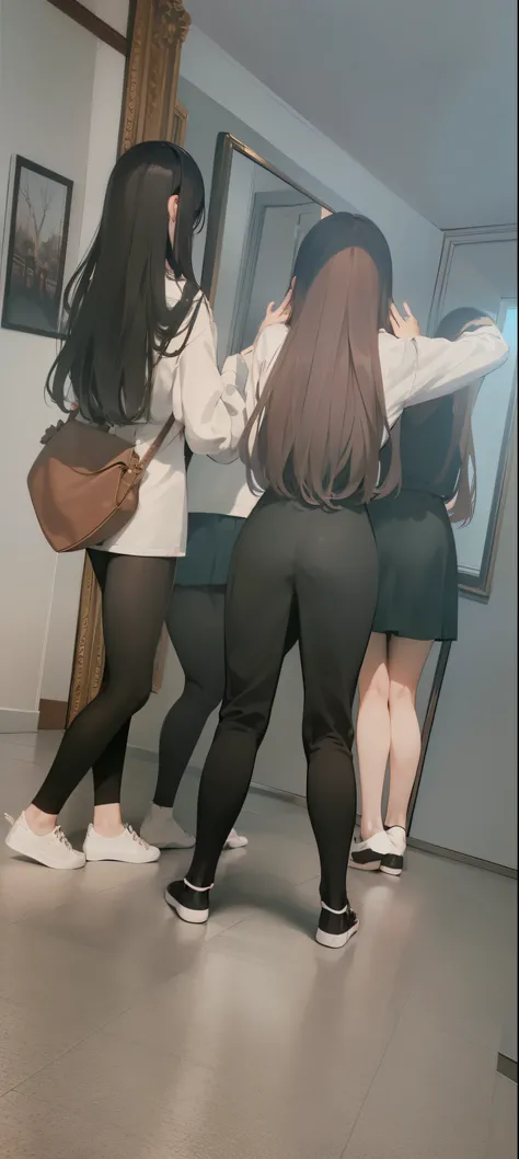 several girls stand in the corridor with their backs to the camera, 3 sisters looking in the mirror, very very low quality picture, Cute girls, In the queue, very accurate photo, low quality photo, a painting, Young, posing for a painting, 🤬 🤮 💕 🎀, private...