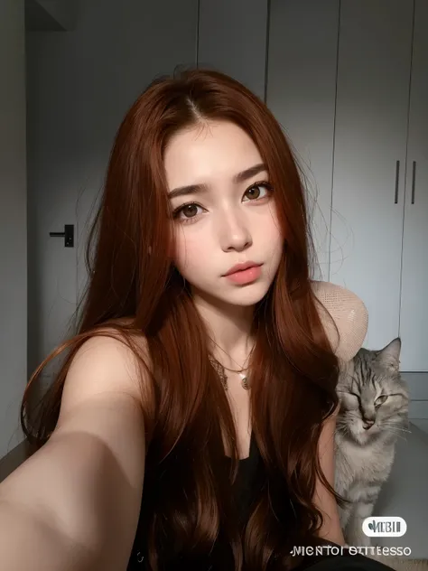 there is a woman taking a selfie with her cat, Fotografia selfie 8k, gatinha jovem bonita, muito bonita gatinha fofa, com cabelos ruivos, ela tem cabelos longos e redorange, Anna Nikonova aka Newmilky, Ela tem longos cabelos castanhos alaranjados, selfie d...