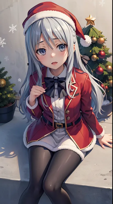 Shiina Hiyori, gray hair, masterpiece, amazing, 8k, detailed, 1girl, (from above), ((gray tights)), ((leans forward)), ((under a Christmas tree)), (sitting) ((looking up)), (Christmas tree), falling snowflakes, ((Christmas hat)), ((Christmas outfit))