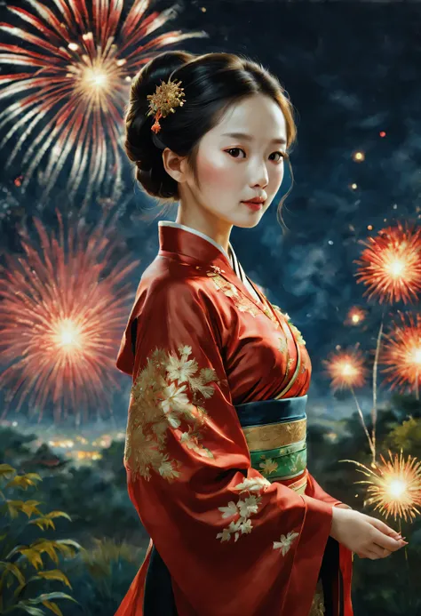 oil painted:(one-girl,TRADITIONAL CHINESE COSTUMES:1.2,springtime dress,red tint,Gold thread decoration:1.1),springtime,fireworks in the night sky,(Best quality at best,4K,A high resolution,tmasterpiece:1.2),ultra - detailed,(actual,photoactual,photo-actua...