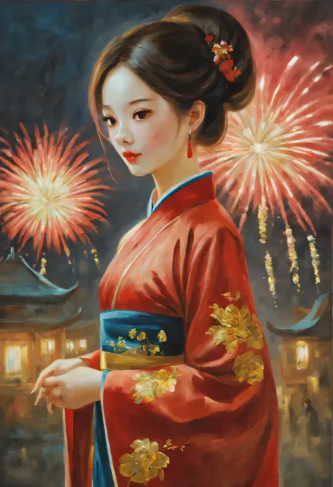 oil painted:(one-girl,TRADITIONAL CHINESE COSTUMES:1.2,springtime dress,red tint,Gold thread decoration:1.1),springtime,fireworks in the night sky,(Best quality at best,tmasterpiece:1.2)