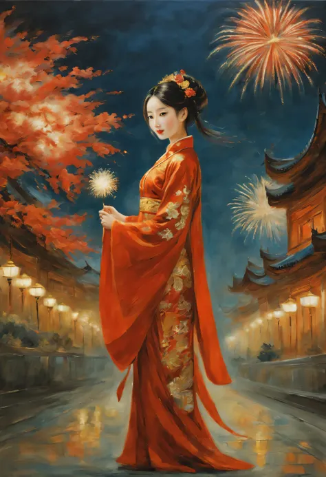 oil painted:（one-girl，TRADITIONAL CHINESE COSTUMES：1.2，springtime dress，red tint，Gold thread decoration：1.1），springtime，fireworks in the night sky，(Best quality at best,tmasterpiece:1.2)