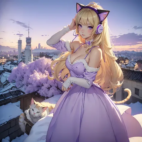 (((cat girl))), (((White Headphone))), (((Blonde))), (((Korean))), (((Tall))), (((Slender))), (((purple dress))), cleavage, (((Beautiful face))), winter, (((panoramic view))), (((anime))), (((pastel))), (((hide hands))) (((Hide Fingers)))