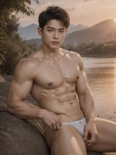 masterpiece, best quality, high quality, intricate details, perfect lightings, 1boy, solo, male focus, looking at viewer, a young handsome muscular vietnamese boy, male model, flexing, mischievous, naughty, detailed eyes, detailed face, smooth hair, realis...