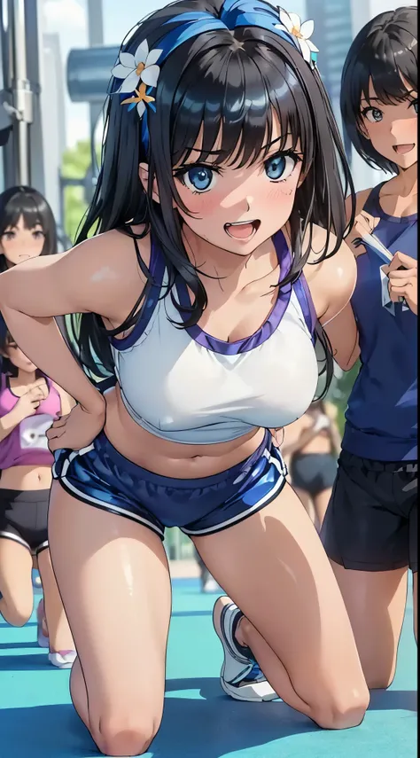 1womanl,Black hair,14years ,(()),Beautiful breasts,(((Sexy white and blue shiny gym clothes and shorts)))(())(((Blushing cheeks、Smile with open mouth)),(((Satin Narico))),((( portlate))),Crowds,Shiny white and blue gym clothes and shorts,crouching down,