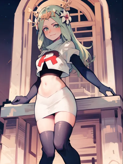 defRhea, headdress, hair flower, team rocket uniform, red letter R, white skirt,white crop top,black thigh-high boots, black elbow gloves, evil smile, looking at viewer, cowboy shot, night sky background