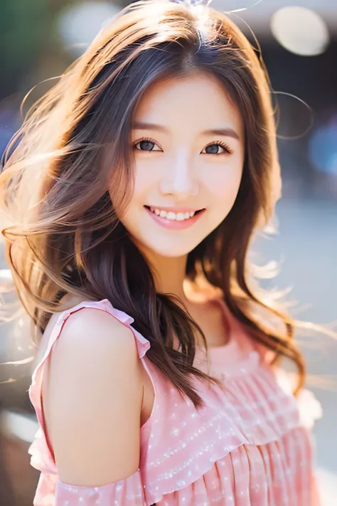 「Cute and cuddly beauty」、1 persons、A smile、Bright eye、Soft look、Soft hair、Light shades、20yr old、Optimistic personality、Pop Fashion、Wearing a pink ruffled dress。