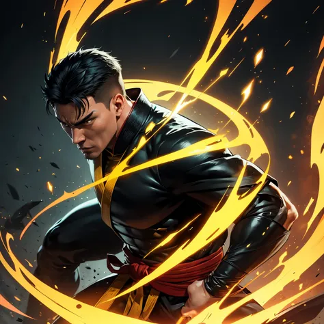 Create a hero who fights martial arts . His power is to control the elements and his uniform color is yellow and black.