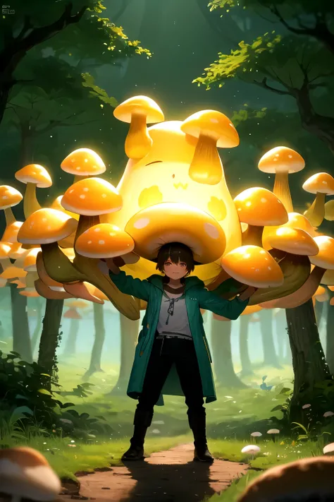 Ein Mann welcher aussieht wie ein Pilz, which stands in a forest full of huge trees and small glowing mushrooms. Er hat etwas mystisches