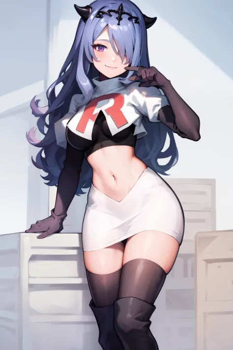 defCamilla, tiara,, team rocket uniform, red letter R, white skirt,white crop top,black thigh-high boots, black elbow gloves, smile, looking at viewer, cowboy shot,