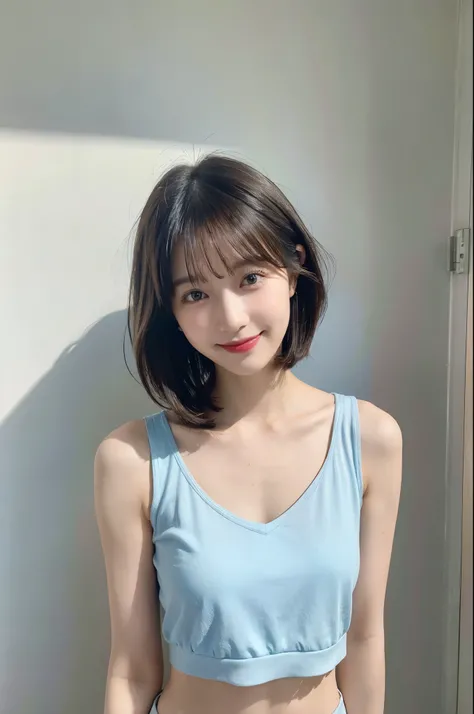 High Resolution, ultra high res.photorealistic:1.4,UHD ,high key saturated,one girl,smile,full body, look at viewer, the lob haircut, wearing tank tops color blue and white, wear a bra, standing position,