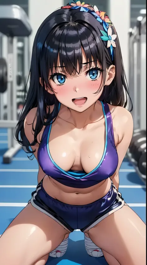 1womanl,Black hair,14years ,(()),Beautiful breasts,(((Sexy white and blue shiny gym clothes and shorts)))(())(((Blushing cheeks、Smile with open mouth)),(((Satin Narico))),((( portlate))),Crowds,Shiny white and blue gym clothes and shorts,crouching down,