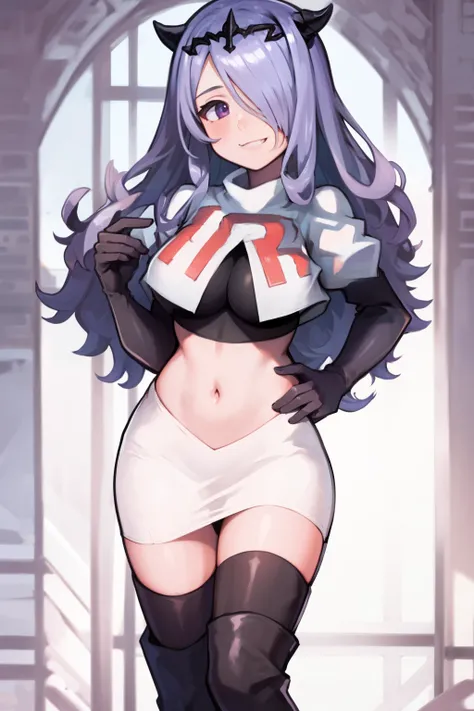 defCamilla, tiara,, team rocket uniform, red letter R, white skirt,white crop top,black thigh-high boots, black elbow gloves, smile, looking at viewer, cowboy shot,