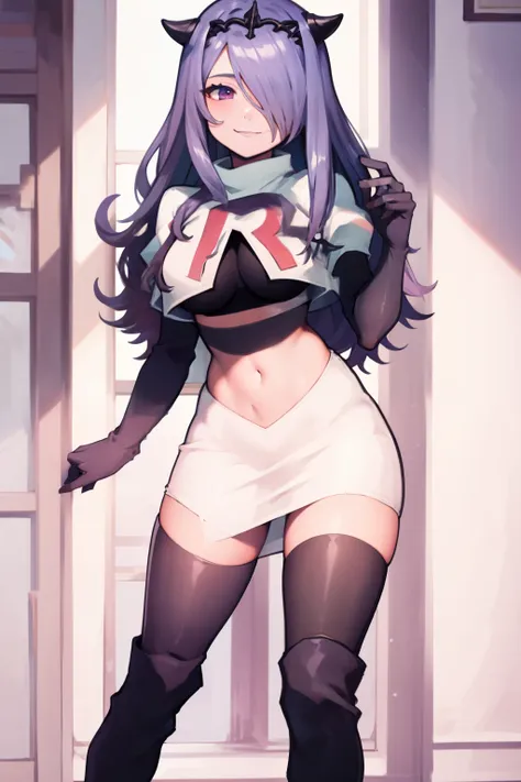 defcamilla, tiara,, team rocket uniform, red letter r, white skirt,white crop top,black thigh-high boots, black elbow gloves, sm...