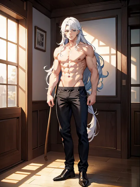 masterpiece, best quality, 1 man, male, alone, blue eyes, perfect facial anatomy, detailed beautiful face, attractive facial expressions, long hair, white hair, voluminous hair, wavy hair, chest muscles, six-pack belly, Healed Contravents, midriffs, Mansly...