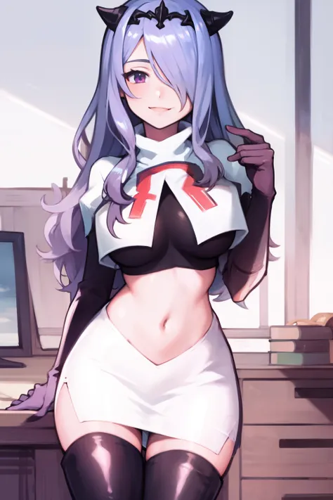defCamilla, tiara,, team rocket uniform, red letter R, white skirt,white crop top,black thigh-high boots, black elbow gloves, smile, looking at viewer, cowboy shot,