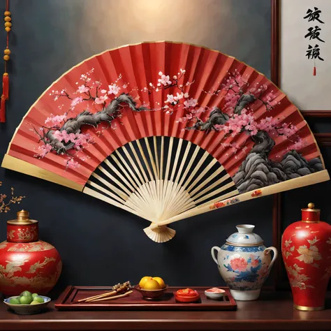 Exquisite hand-painted fan，Chinese traditional painting：1.2，beautiful spring festival，new year 2024，Colorful fireworks of the highest quality,4K,A high resolution,tmasterpiece:1.2),ultra - detailed,(actual,photoactual,photo-actual:1.37)