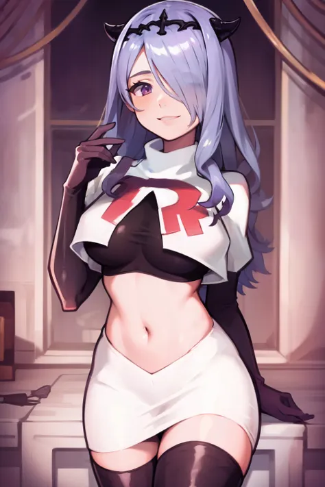 defcamilla, tiara,, team rocket uniform, red letter r, white skirt,white crop top,black thigh-high boots, black elbow gloves, sm...