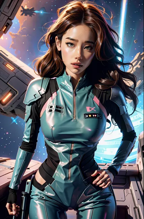 sexy woman in star wars pink costume posing in front of a spaceship, cutesexyrobutts, scifi woman, digital painting, beautiful digital artwork