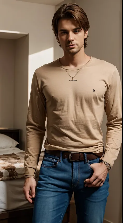 European 29 years old men with  bright brown long sleeve t-shirt jersey , and jeans  in low,  well ironed clothes, in his girly fabulous room, realistic, 4k, hdr, , bright color grading