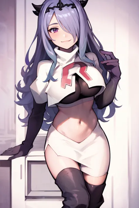 defcamilla, tiara,, team rocket uniform, red letter r, white skirt,white crop top,black thigh-high boots, black elbow gloves, sm...