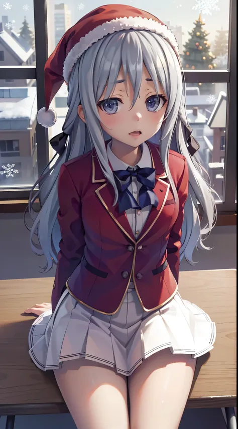 shiina hiyori, gray hair, masterpiece, amazing, 8k, detailed, 1girl, (from above), (sitting on desk), (looking up)), (falling sn...