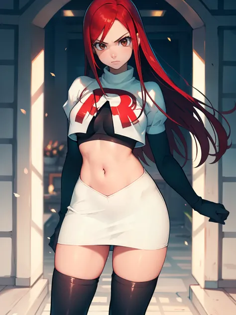 Erza Scarlet, long hair,red hair, brown eyes, ,team rocket uniform, red letter R, white skirt,white crop top,black thigh-high boots, black elbow gloves, looking at viewer, cowboy shot,