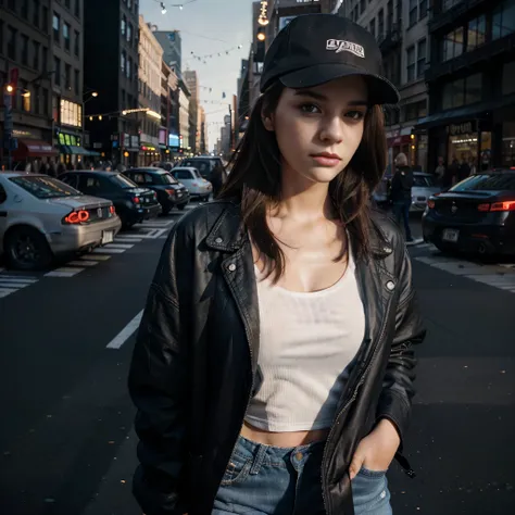 Cinematographer, a  girl, 21-year-old, escote, wearing escote, con una chaqueta negra,gaze at the camera,jefe, Camisa blanca, pantalones vaqueros azules, Ciudad de Nueva York, fondo ((que contiene autos, Luces, personas caminando)), Film style, realista, u...