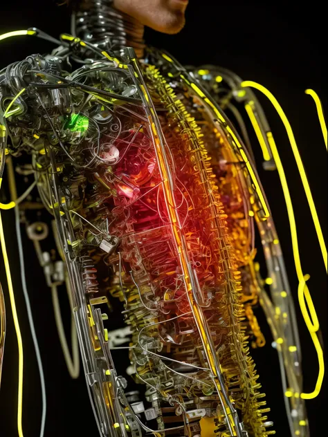 A handsome man Cyborg,with his Rib Cage made  of only glass. Neon cables and gears inside the glass body