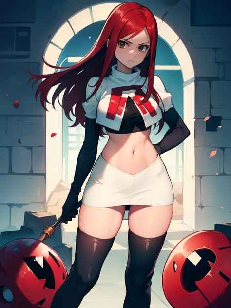 Erza Scarlet, long hair,red hair, brown eyes, ,team rocket uniform, red letter R, white skirt,white crop top,black thigh-high boots, black elbow gloves, looking at viewer, cowboy shot,