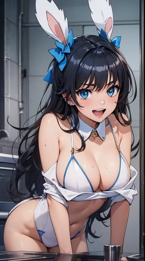 1womanl,Black hair,14years ,(()),Beautiful breasts,(((sexy white and blue shiny bunny suit)))(())(((Blushing cheeks、Smile with open mouth)),(((Satin Narico))),((( portlate))),Crowds,white and blue bunny suit,crouching down