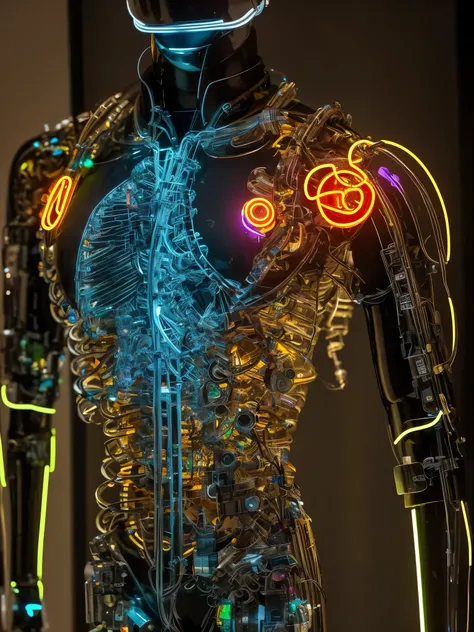 A handsome man Cyborg,with his Rib Cage made  of only glass. Neon cables and gears inside the glass body