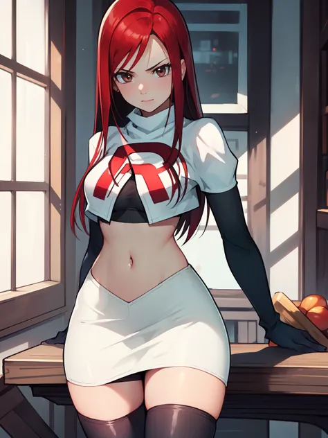 erza scarlet, long hair,red hair, brown eyes, ,team rocket uniform, red letter r, white skirt,white crop top,black thigh-high bo...